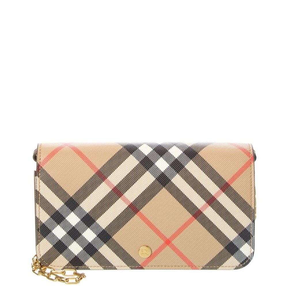 Burberry Check E-Canvas & Leather Wallet On Chain, Brown